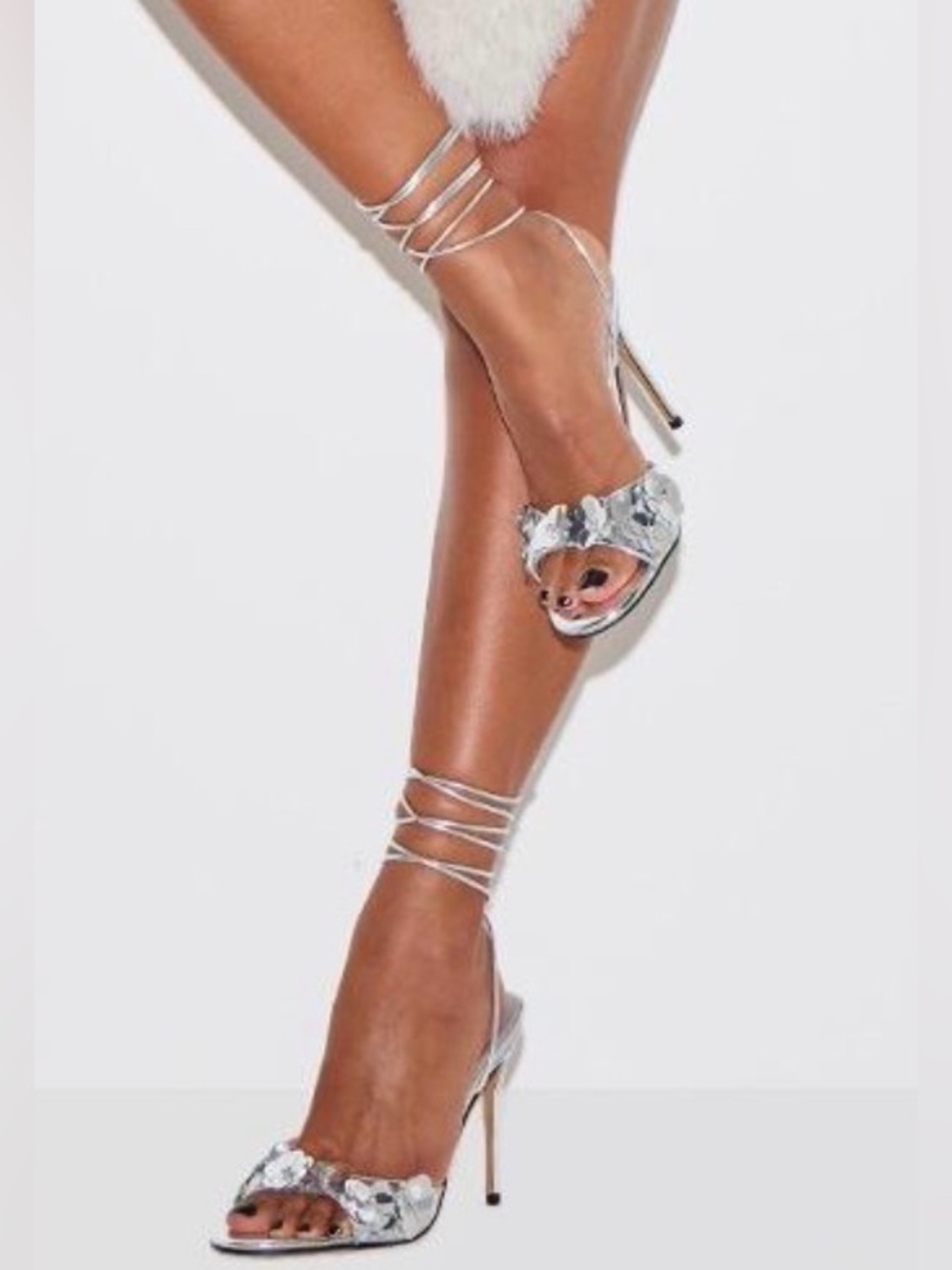 PrettyLittleThing Silver Floral Sequin Strap Heels